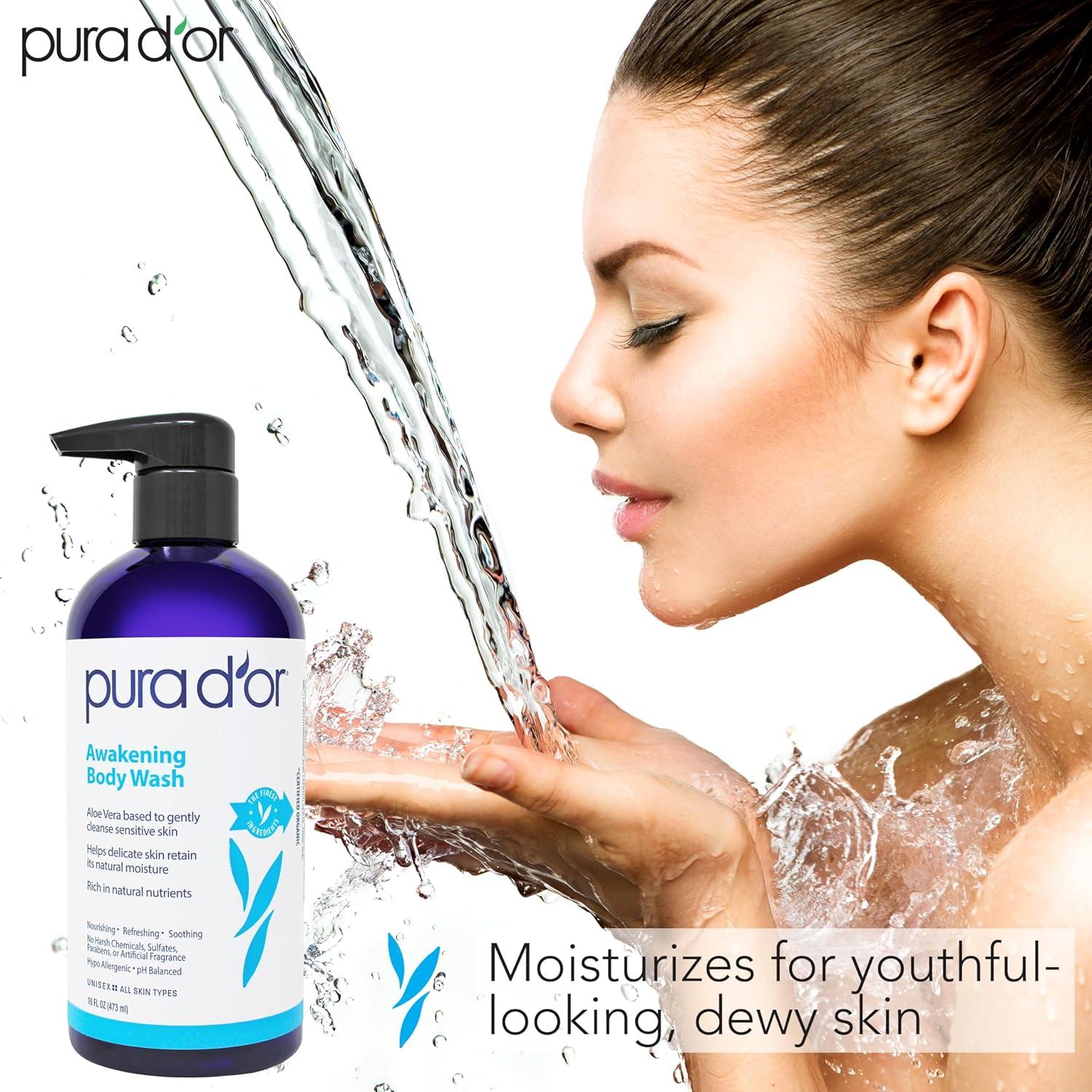 image:imagePURA DOR 16 Oz Awakening Body Wash with Aloe Vera Chamomile Lavender Tea Tree and Natural Nutrients pH Balanced for Moisturized Soft FreshFeeling Skin All Skin Types Men amp WomenRefreshing
