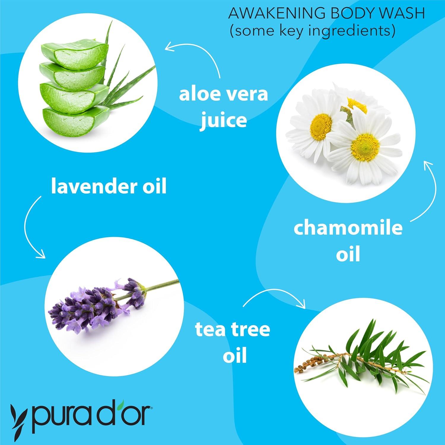image:imagePURA DOR 16 Oz Awakening Body Wash with Aloe Vera Chamomile Lavender Tea Tree and Natural Nutrients pH Balanced for Moisturized Soft FreshFeeling Skin All Skin Types Men amp WomenRefreshing