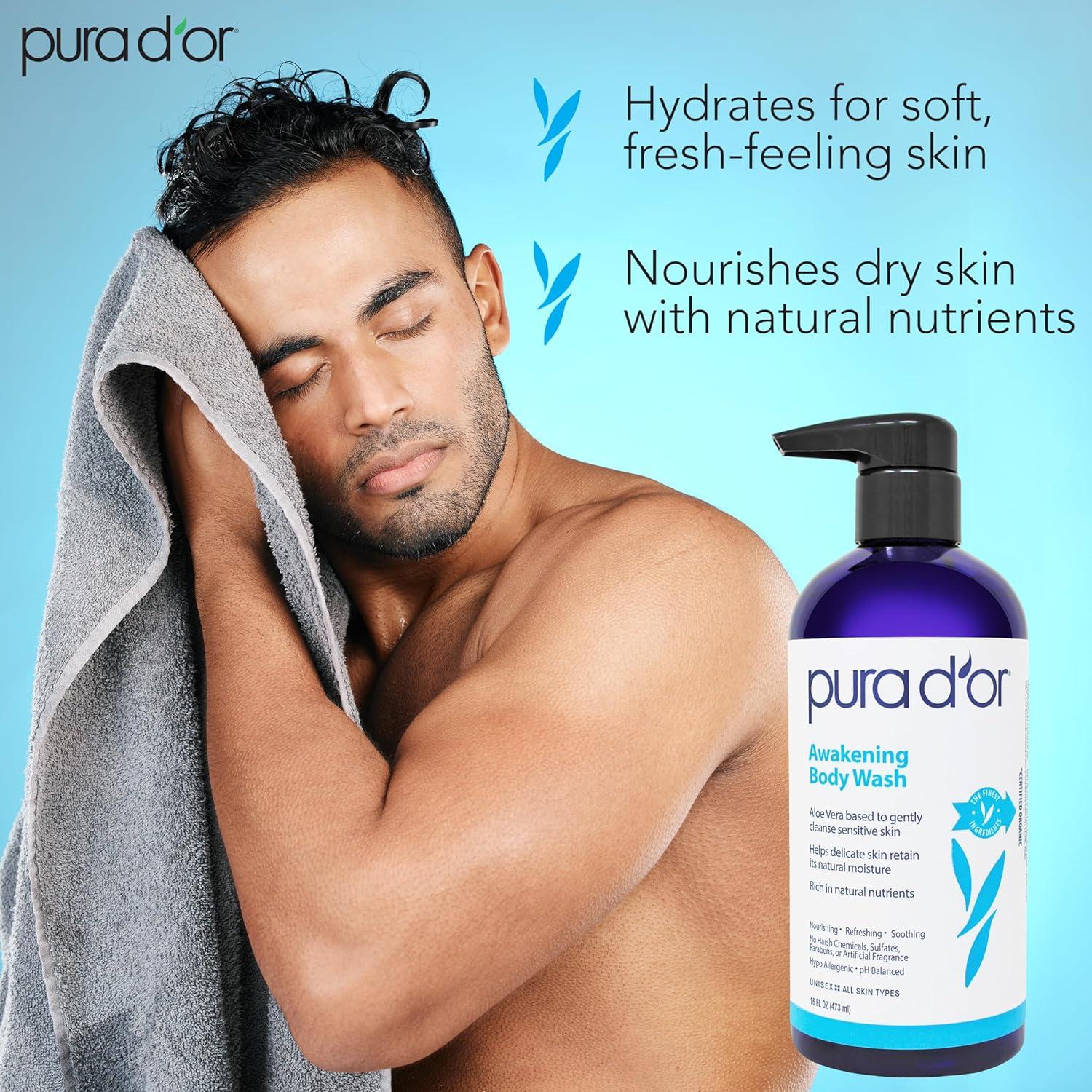 image:imagePURA DOR 16 Oz Awakening Body Wash with Aloe Vera Chamomile Lavender Tea Tree and Natural Nutrients pH Balanced for Moisturized Soft FreshFeeling Skin All Skin Types Men amp WomenRefreshing