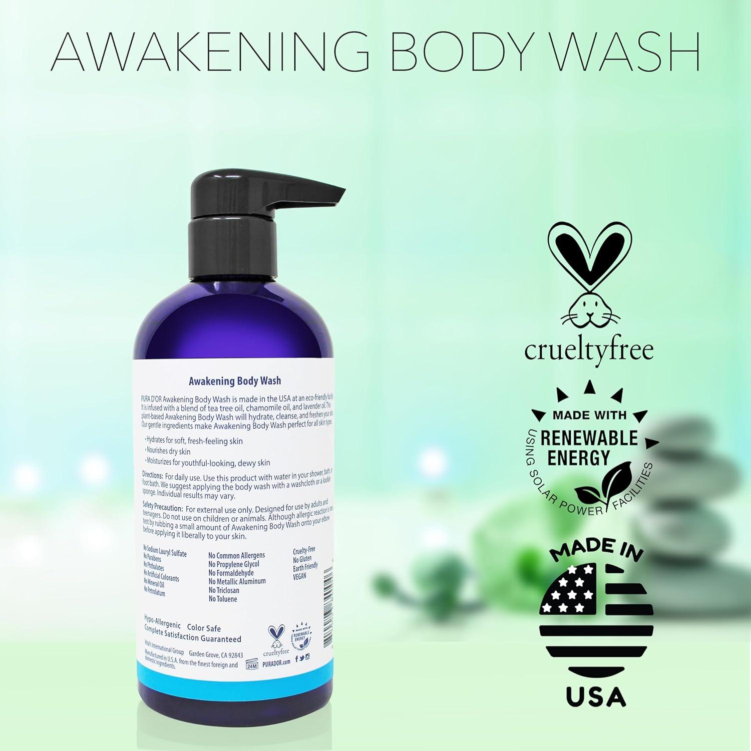image:imagePURA DOR 16 Oz Awakening Body Wash with Aloe Vera Chamomile Lavender Tea Tree and Natural Nutrients pH Balanced for Moisturized Soft FreshFeeling Skin All Skin Types Men amp WomenRefreshing