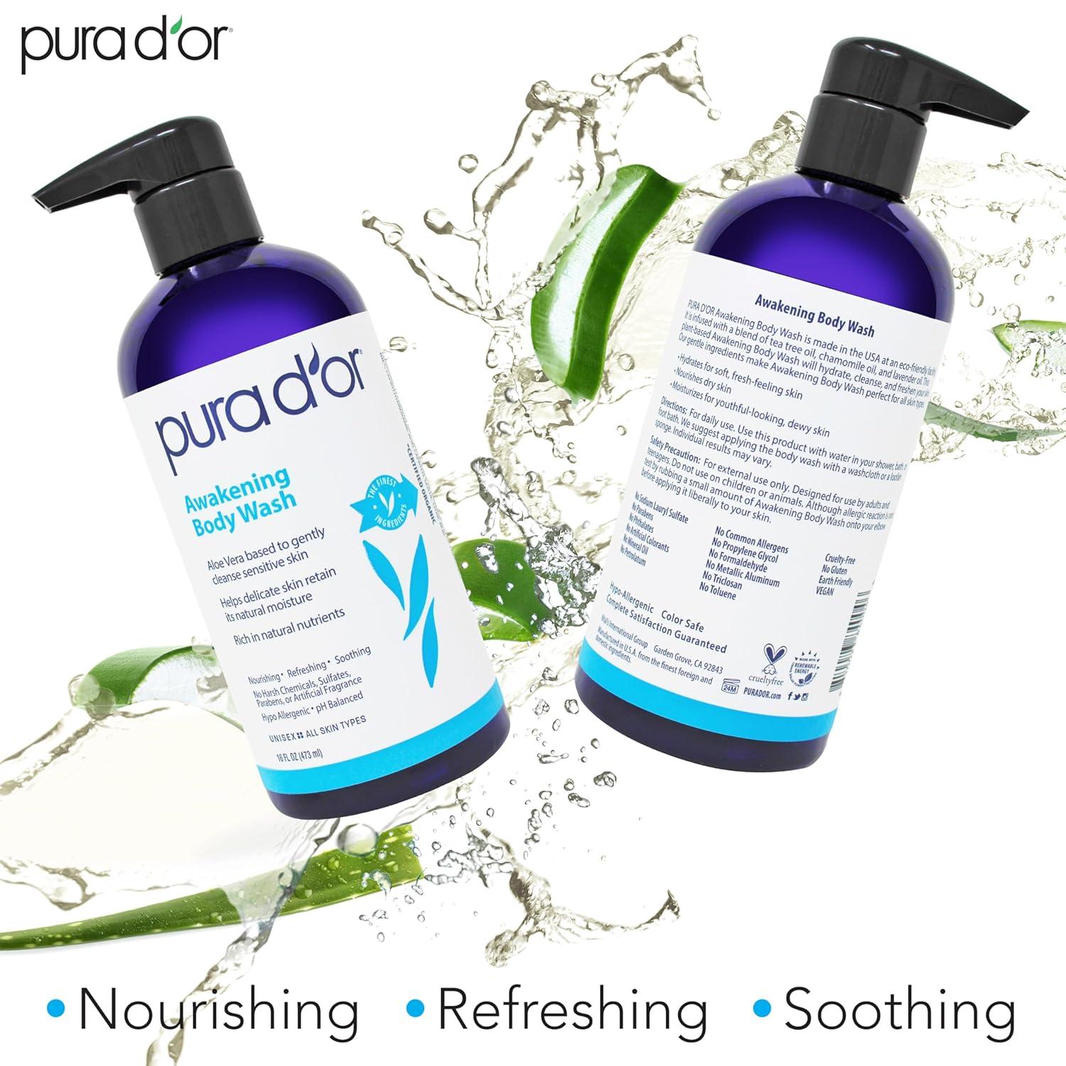 image:imagePURA DOR 16 Oz Awakening Body Wash with Aloe Vera Chamomile Lavender Tea Tree and Natural Nutrients pH Balanced for Moisturized Soft FreshFeeling Skin All Skin Types Men amp WomenRefreshing