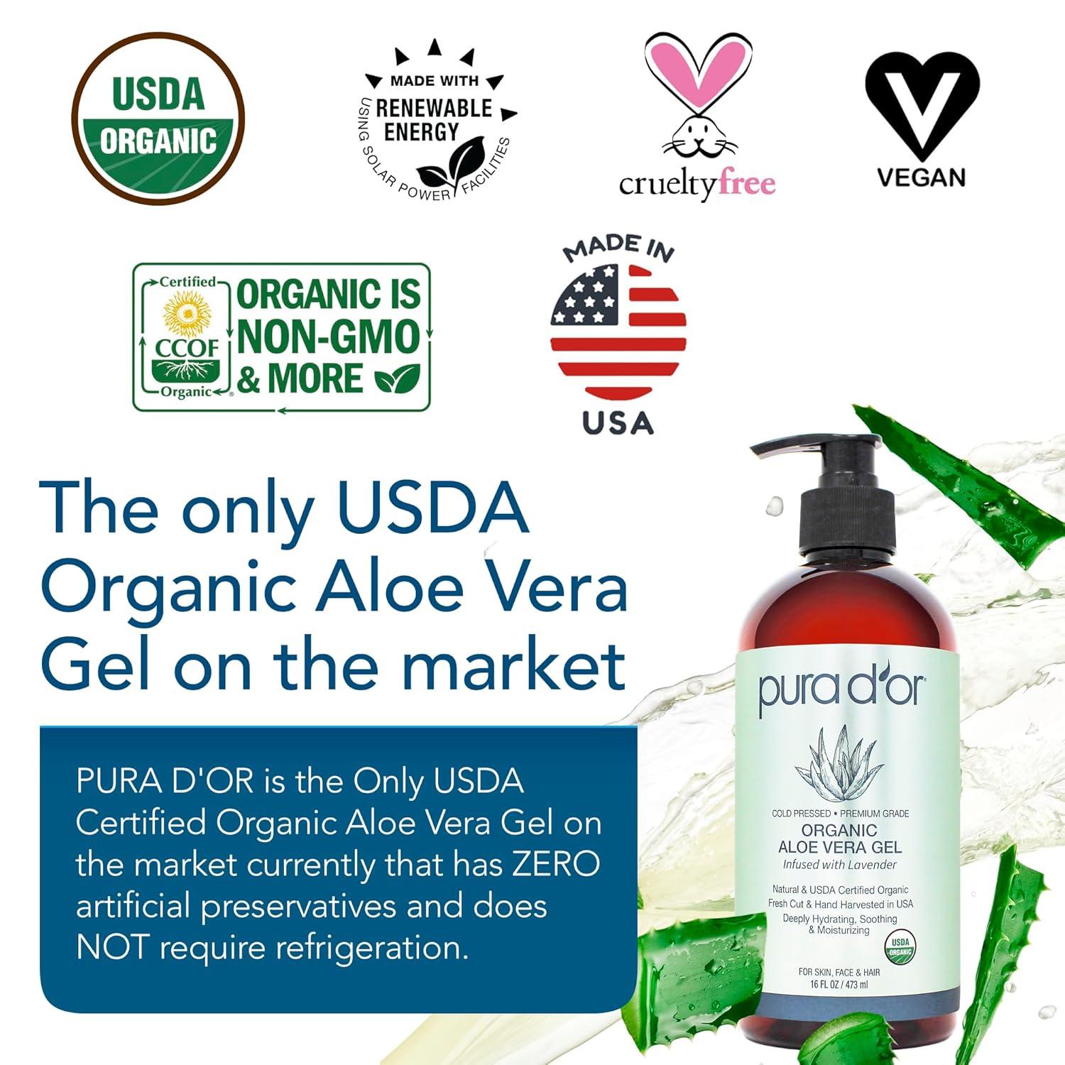 image:imagePURA DOR 16 Oz ORGANIC Aloe Vera Gel Lavender All Natural ZERO Artificial Preservatives Deeply Hydrating amp Moisturizing Sunburn Bug Bites Rashes Small Cuts Eczema Relief Skin amp HairLavender
