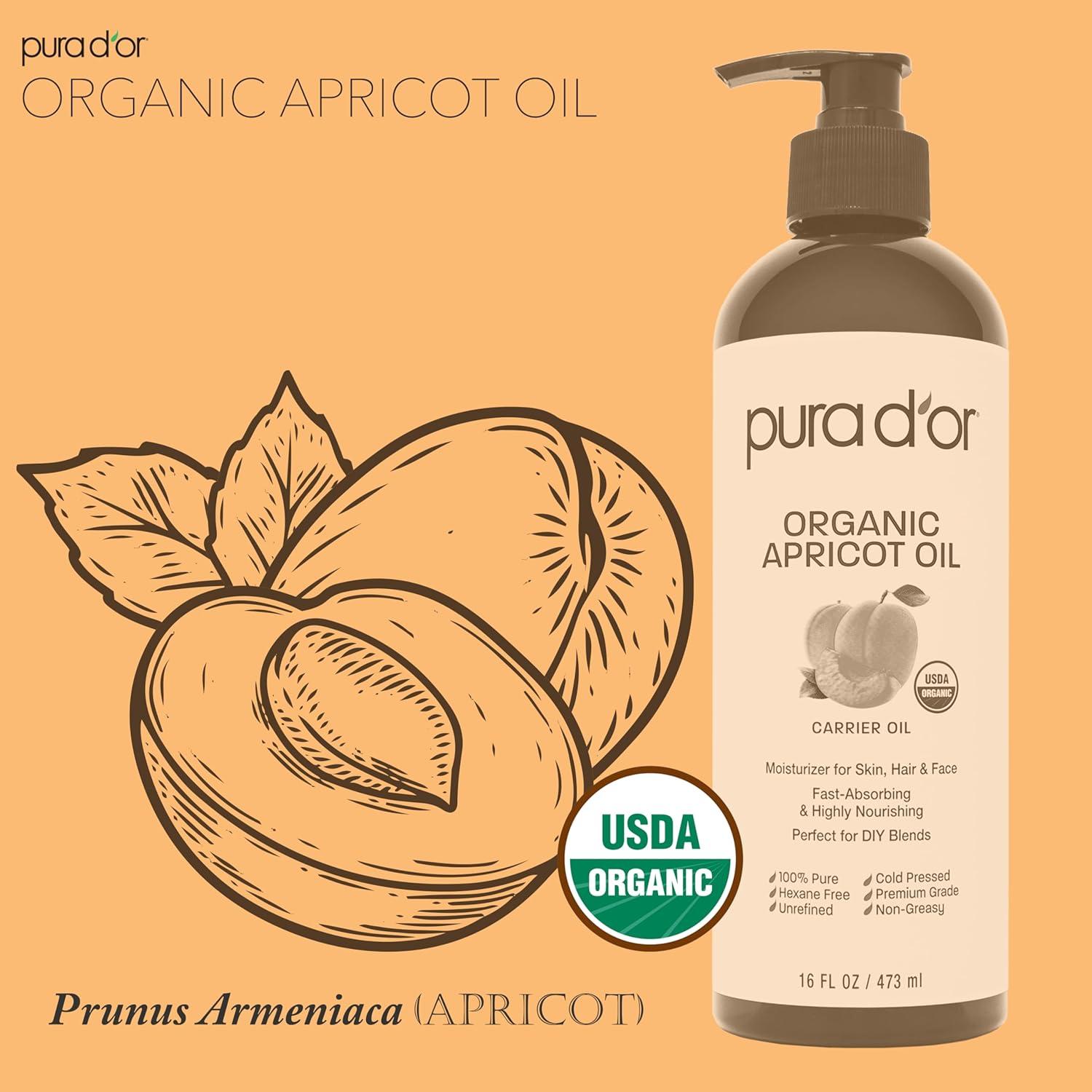 image:imagePURA DOR 16 Oz ORGANIC Apricot Kernel Oil 100 Pure amp Natural USDA Certified Cold Pressed Carrier Oil Antioxidant amp Vitamin E Rich Moisturizer for Natural Glow amp Softness Face Skin amp Hair16 Fl Oz Pack of 1
