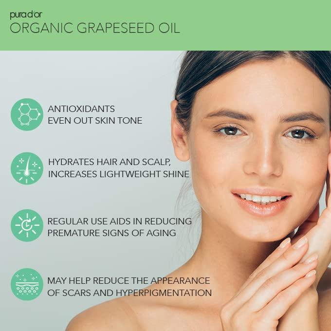 image:imagePURA DOR 16 Oz Organic Grapeseed Oil 100 Pure amp Natural USDA Certified Cold Pressed Carrier Oil Light amp Silky Unscented Hexane Free Liquid Moisturizer Face Skin amp Hair Men amp Women16 Fl Oz Pack of 1