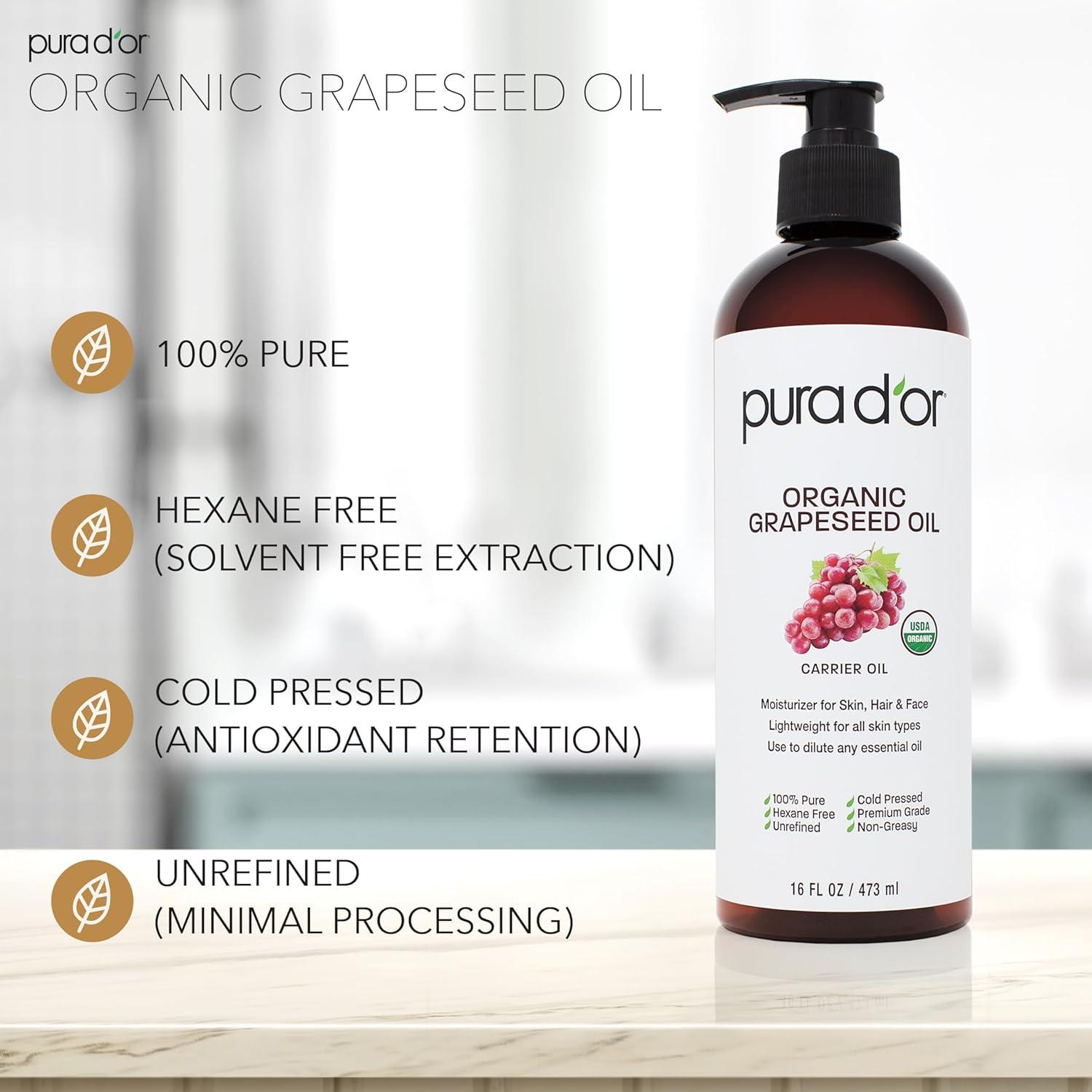 image:imagePURA DOR 16 Oz Organic Grapeseed Oil 100 Pure amp Natural USDA Certified Cold Pressed Carrier Oil Light amp Silky Unscented Hexane Free Liquid Moisturizer Face Skin amp Hair Men amp Women16 Fl Oz Pack of 1