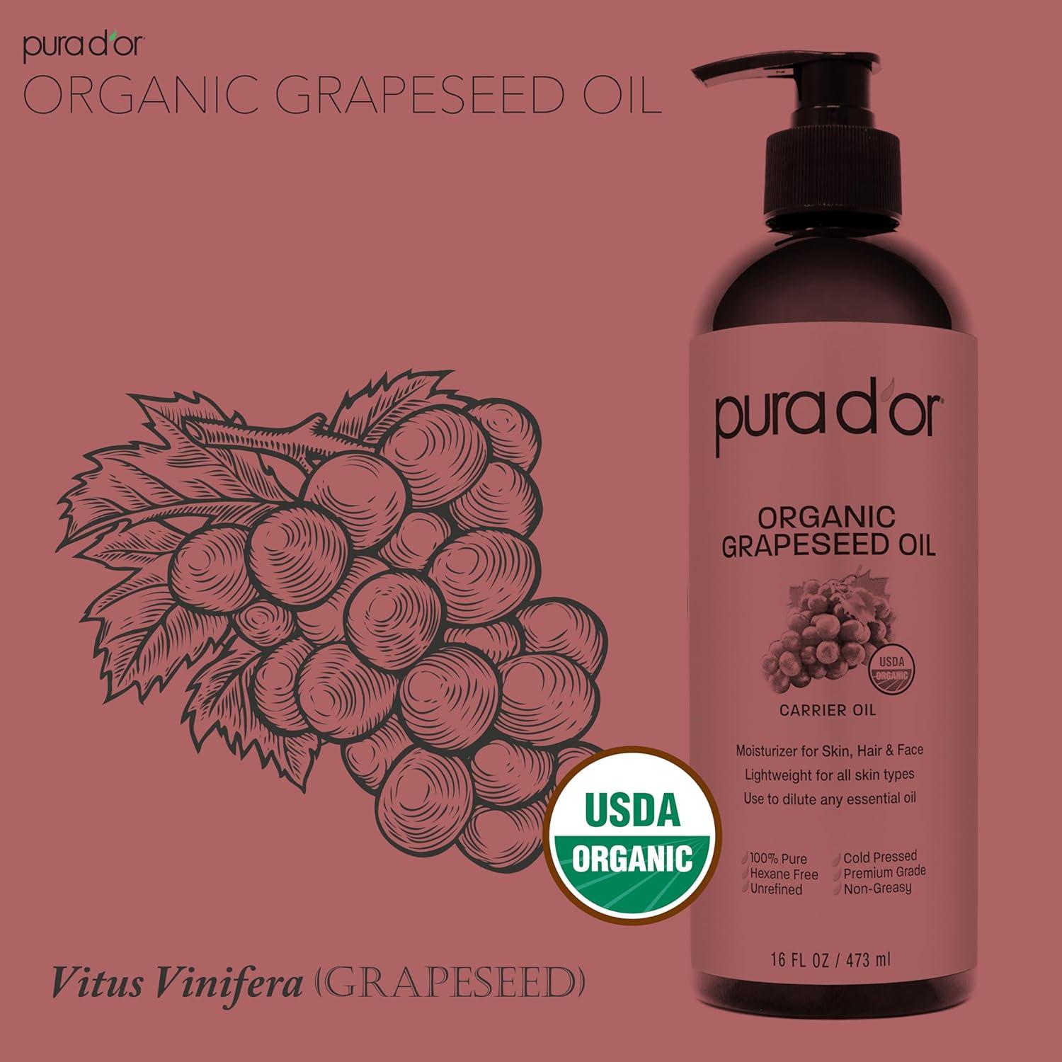 image:imagePURA DOR 16 Oz Organic Grapeseed Oil 100 Pure amp Natural USDA Certified Cold Pressed Carrier Oil Light amp Silky Unscented Hexane Free Liquid Moisturizer Face Skin amp Hair Men amp Women16 Fl Oz Pack of 1
