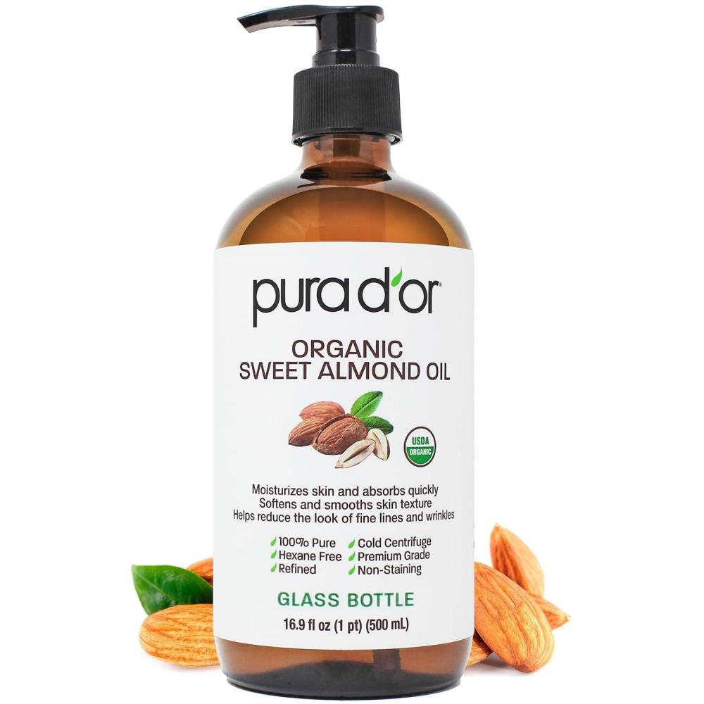 image:imagePURA DOR 16 Oz ORGANIC Sweet Almond Oil  100 Pure amp Natural USDA Certified Cold Pressed Carrier Oil For DIY Beauty  NonGreasy Unscented Hexane Free Moisturizer  Massage Oil For Hair amp Skin  ORGANIC 100 Pure Natural USDA Certified Cold Pressed Carrier Oil169 Fl Oz Pack of 1