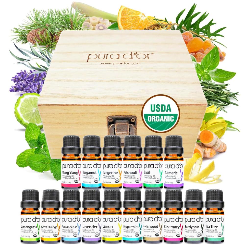 image:imagePURA DOR Organic Perfect10 Essential Oils Set  10x 10mL Wood Box Aromatherapy Gift Set  100 Pure Therapeutic Grade for Relaxation and Wellness Lavender Peppermint Eucalyptus Tea Tree amp MoreSweet16