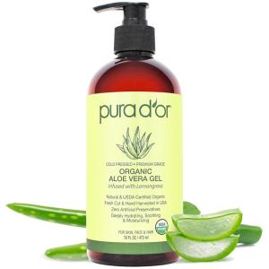 PURA D’OR 16 Oz ORGANIC Aloe Vera Gel – Lavender – All Natural – ZERO Artificial Preservatives – Deeply Hydrating & Moisturizing – Sunburn, Bug Bites, Rashes, Small Cuts, Eczema Relief – Skin & Hair(Lemongrass)