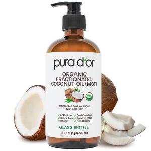 PURA D’OR 16 Oz ORGANIC Fractionated Coconut Oil – USDA Certified – MCT Oil – Therapeutic, Hydrating, Lightweight Moisturizer – Hexane Free Carrier Oil For Essential Oils & Massage – Face, Hair & Body(16.9 Fl Oz (Pack of 1))