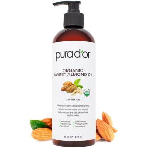PURA D’OR 16 Oz ORGANIC Sweet Almond Oil – 100% Pure & Natural USDA Certified Cold Pressed Carrier Oil For DIY Beauty – Non-Greasy, Unscented, Hexane Free Moisturizer – Massage Oil For Hair & Skin | ORGANIC, 100% Pure, Natural, USDA Certified, Cold Pressed, Carrier Oil(16 Fl Oz (Pack of 1))