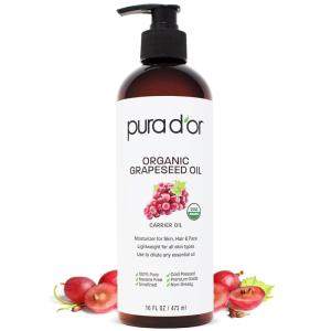 PURA D’OR 16 Oz Organic Grapeseed Oil – 100% Pure & Natural USDA Certified Cold Pressed Carrier Oil – Light & Silky, Unscented, Hexane Free Liquid Moisturizer – Face Skin & Hair – Men & Women(16 Fl Oz (Pack of 1))