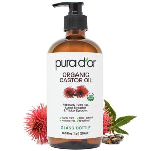 PURA D’OR 4 Oz Organic Castor Oil – Pure Cold-Pressed, Hexane-Free, USDA Certified – Lashes, Brows, Hair, Scalp, Skin – Botanical Moisturizer Supporting Softness, Strength, Hydration, Shine & Radiance(16.9 Fl Oz (Pack of 1))