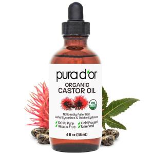 PURA D’OR 4 Oz Organic Castor Oil – Pure Cold-Pressed, Hexane-Free, USDA Certified – Lashes, Brows, Hair, Scalp, Skin – Botanical Moisturizer Supporting Softness, Strength, Hydration, Shine & Radiance(4 Fl Oz (Pack of 1))