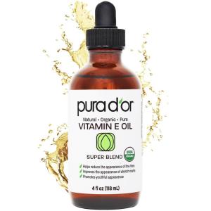 PURA D’OR 4 Oz Organic Vitamin E Oil – USDA Certified Face, Body, Hair & Bath Oil with Argan, Jojoba, Rosehip, Apricot, Almond & Avocado – Lightweight Moisturizing Blend for Soft, Smooth Skin(Vitamin E Oil)