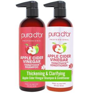 PURA D’OR Apple Cider Vinegar Thin2Thick Set (16oz x 2) ACV Shampoo & Conditioner, Clarifying – Biotin, Keratin, Caffeine, Castor Oil, Aloe – All Hair Types, Men & Women (Packaging may vary)(Combo)
