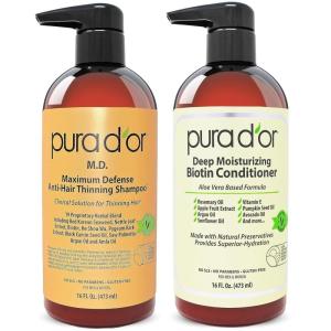 PURA D’OR MD Anti-Thinning Biotin Shampoo & Conditioner Set (16oz x2) Maximum Defense Coal-Tar Strong Scented Hebal Blend Hair Thickening Products For Women & Men, Daily Shampoo For Scalp Health(Hair cleaner conditioner)