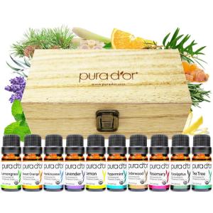 PURA D’OR Organic Perfect10 Essential Oils Set – 10x 10mL Wood Box Aromatherapy Gift Set – 100% Pure Therapeutic Grade for Relaxation and Wellness (Lavender, Peppermint, Eucalyptus, Tea Tree & More)(Perfect10)