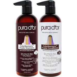PURA D’OR Purple Shampoo & Conditioner (16oz x 2) ColorHarmony Biotin Set For Bleached, Blonde, Silver & Color Treated Hair – Keratin, Bamboo Fiber, No Sulfates – Men & Women(32 Fl Oz (Pack of 1))