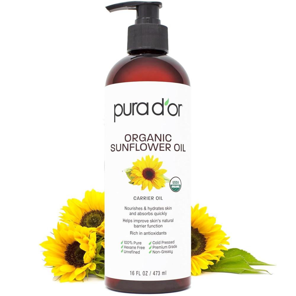 image:imagePURA DOR 16 Oz ORGANIC Sunflower Seed Oil  100 Pure amp Natural USDA Certified Cold Pressed Carrier Oil For DIY Beauty  Unscented Hexane Free Liquid Moisturizer  Face Skin amp Hair  Men amp Women