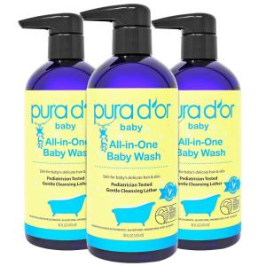 PURA D’OR 16 Oz All-in-One Calming Baby Wash & Shampoo For Hair & Entire Body, Tear Free, Sulfate Free, Natural Aloe Vera, USDA Biobased Gentle Formula(16 Fl Oz (Pack of 3))