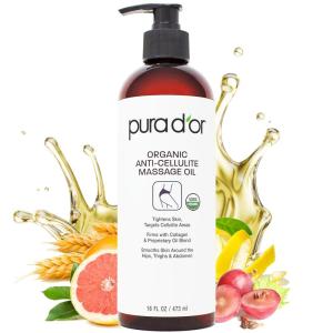PURA D’OR 16 Oz Organic Anti-Cellulite Massage Oil for Toned Legs and Butt – Lemon Peel, Moringa, Grape Seed, Grapefruit & Eucalyptus Oils – Skin Firming & Tightening