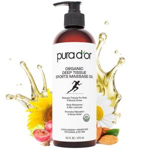 PURA D’OR 16 Oz Organic Deep Tissue Sports Massage – Jojoba, Sunflower, Almond, Grapefruit & Eucalyptus Oils – Alleviate Muscle Soreness
