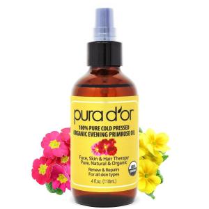 PURA D’OR Organic Evening Primrose Oil (4oz) 100% Pure Cold Pressed w/Natural Essential Fatty Acids & Antioxidant Rich – Moisturizes, Rejuvenates, Renews & Restores – Skin, Hair & Face