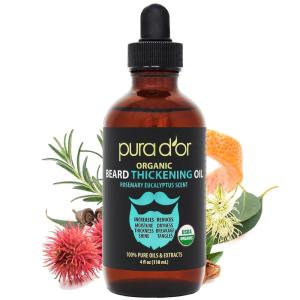 PURA D’OR 4 Oz Thickening Beard Oil – Moisturizing Blend with Rosemary, Biotin & Castor Oil – Increases Moisture, Thickness and Shine – Reduces Dryness and Breakage(Rosemary Eucalyptus)