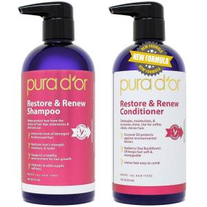 PURA D’OR Restore & Renew Shampoo and Conditioner Set for Strong, Healthy, and Nourished Hair with Organic Aloe Vera, Rosemary, Sea Buckthorn, Cacay, Coconut, Seaberry & Cedarwood(Combo)